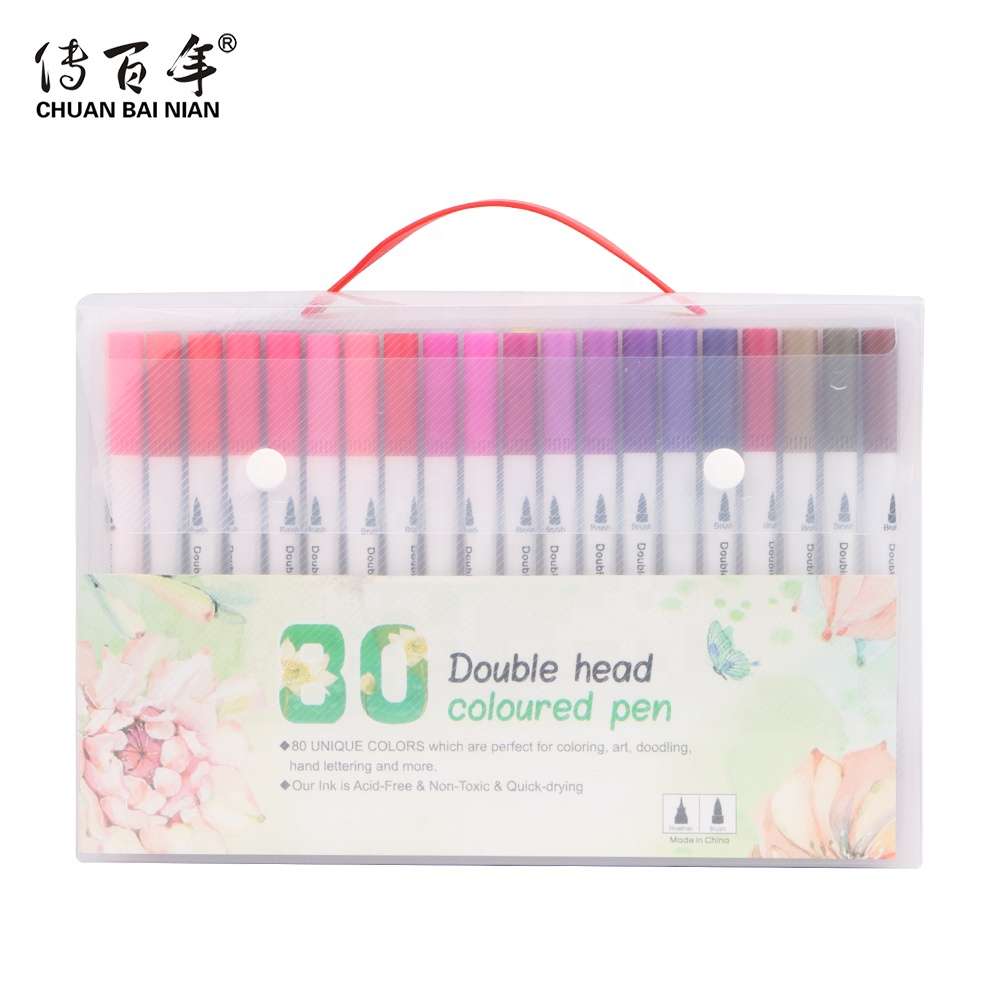 Small MOQ Cheap 80 Colors PVC Box Packing Dual Tips Coloring Brush Fineliner Color Pens