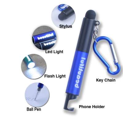 Hot sales promotional gift multifunctional led flash light stylus pen with keychain and phone holder