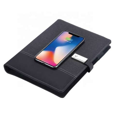 High quality soft leather cover wireless charging power bank diary planner notebook with usb flash drive